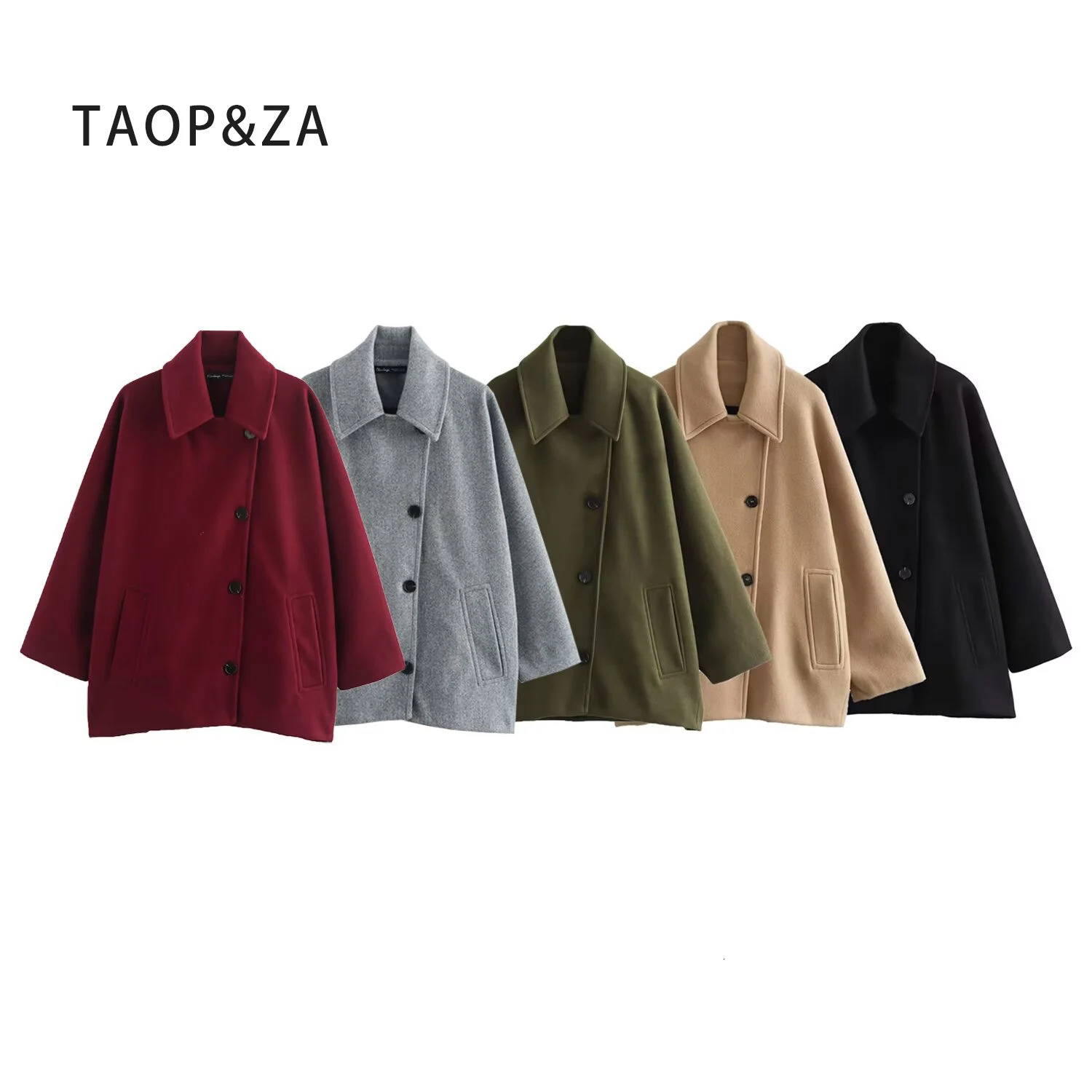 TRAF Autumn womens fashionable casual lapel breasted loose and versatile solid color blended coat jacket 241121