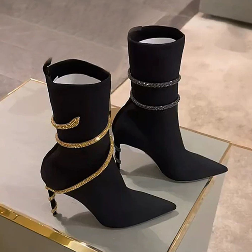 Best Quality Ankle Wraparoun Fashion Boots Rhinestone Pointed Toe Stiletto Heels knitted Sock Boots Women's Luxury Designer Factory Shoes Size 34-43 with Box