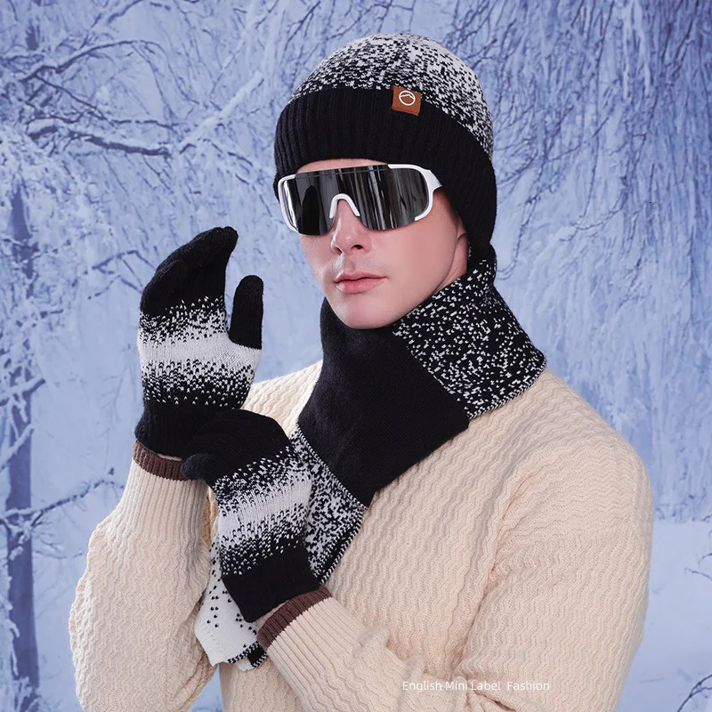 Winter hat gloves womens scarf set outdoor cold and warm bear with velvet earmuffs knitted wool hat 241202