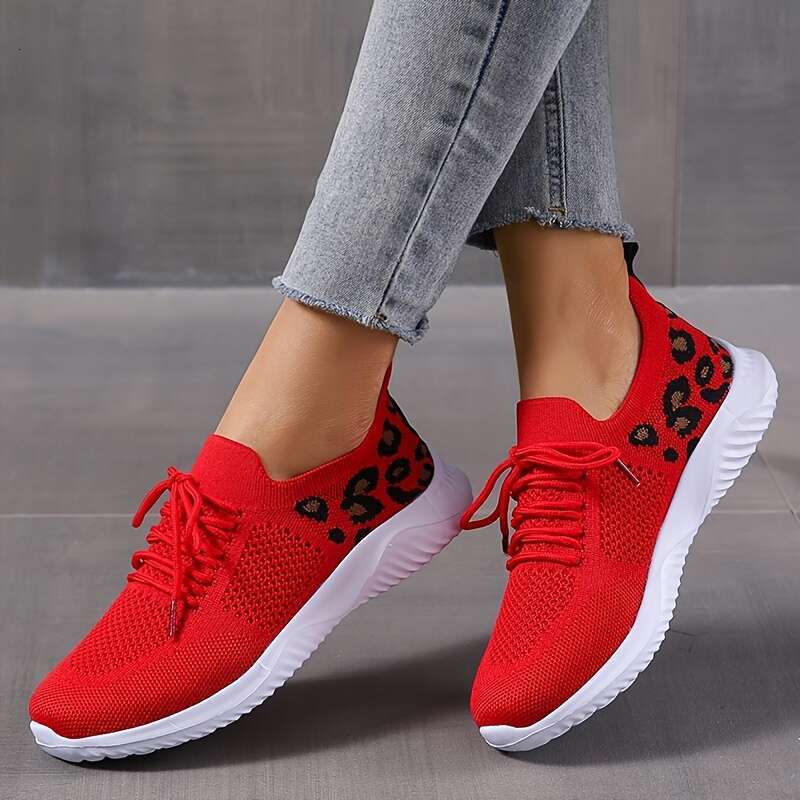 Women's casual sports fly woven leopard print breathable lace up running shoes, women's shoe size