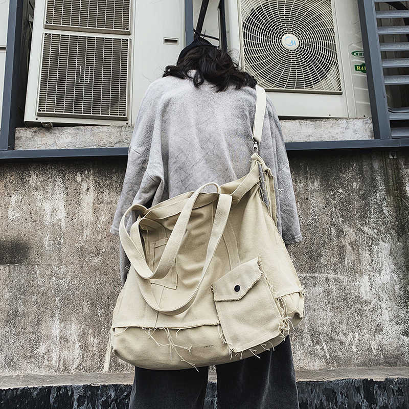 Canvas bag ins trendy brand damage wind high street functional workwear shoulder bag large capacity crossbody bag unisex 241202