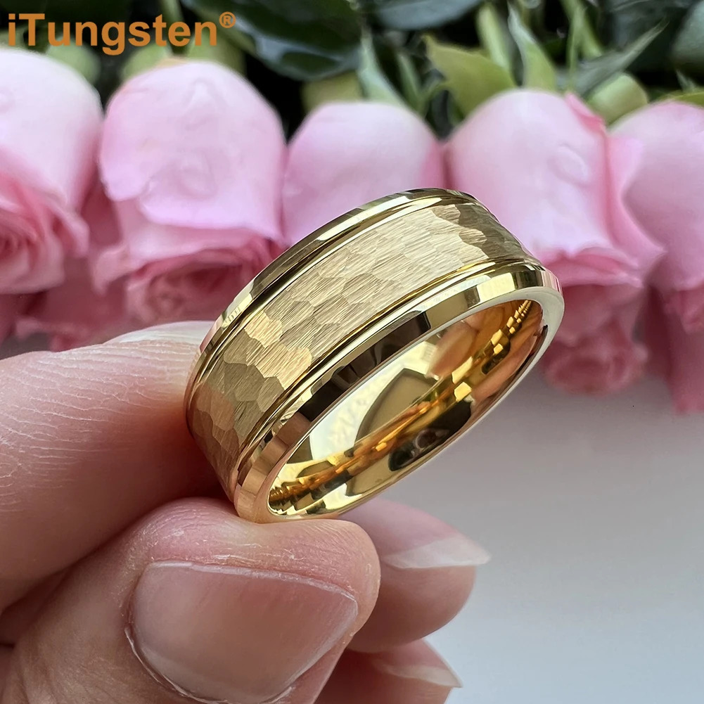 iTungsten 8mm Hammered Tungsten Carbide Ring Men Women Engagement Wedding Band Trendy Jewelry Beveled Edges Comfort Fit 241202
