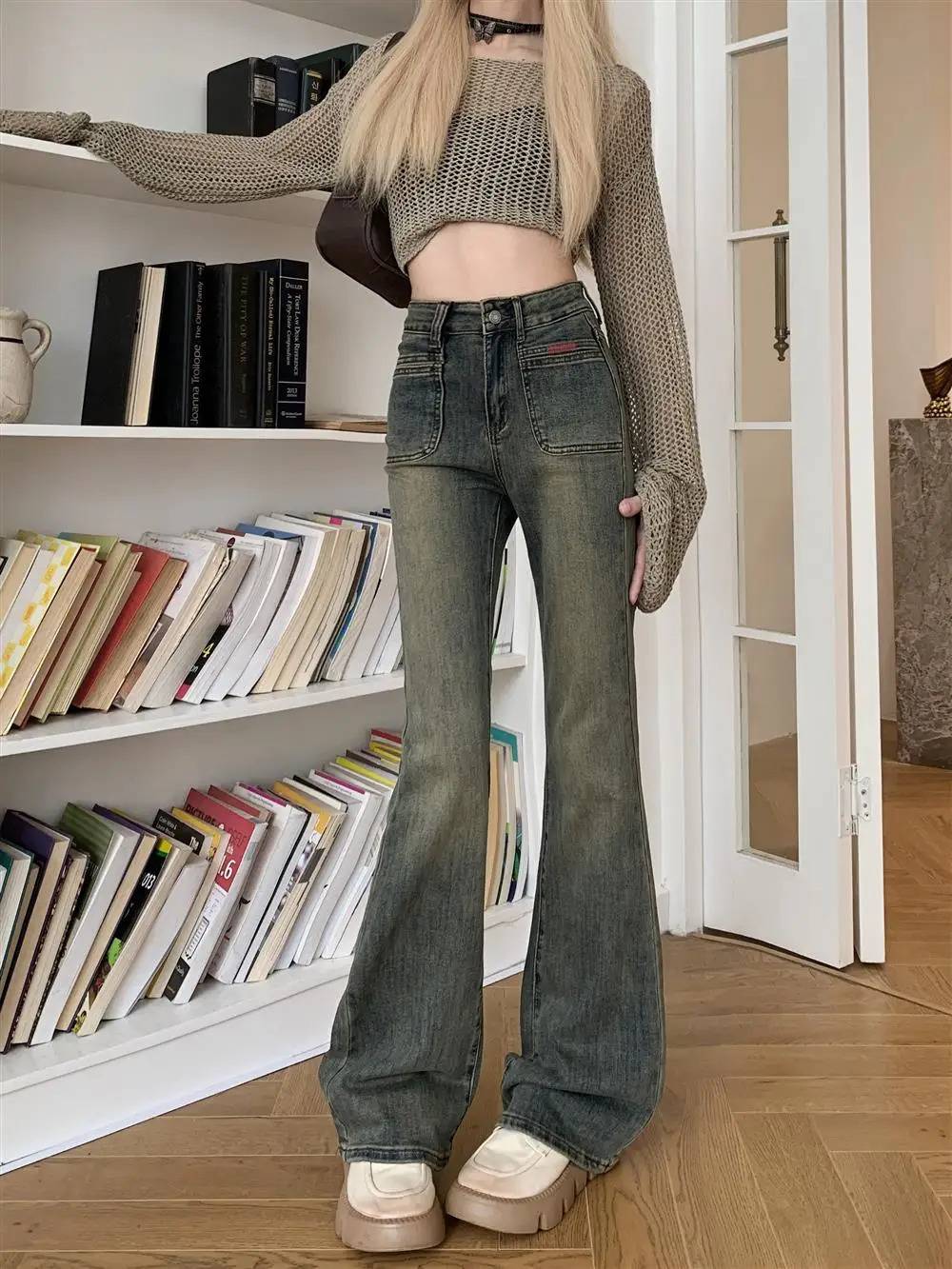 150 Petite girls wash made old micro flared jeans High waisted straight leg n version horseshoe pants xs show height 241121