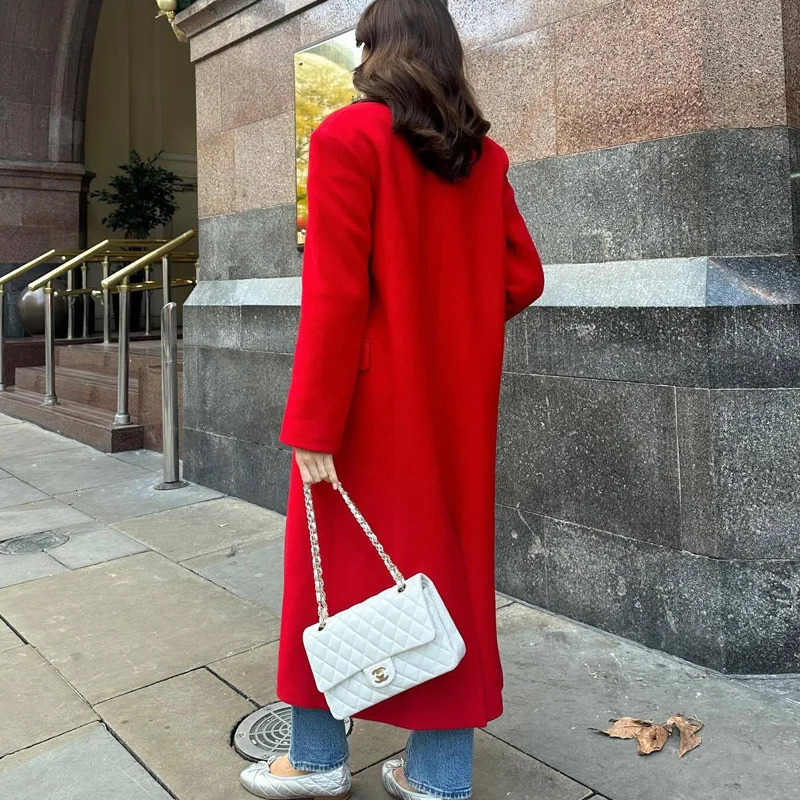 TRAF Winter Coats Woman 2024 Red Long For Women Autumn Faux Wool Coat Casual Sleeve Elegant Womens Overcoat 241121