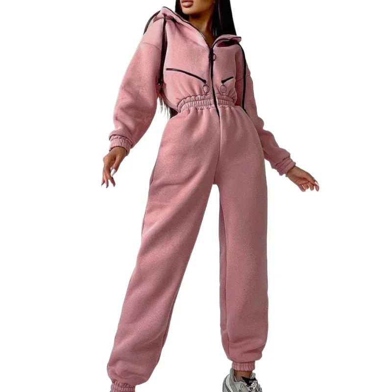 Autumn Womens Monochrome LongSleeved Jumpsuit Solid Color Zipup Sportswear Female Winter Casual Tracksuit Fashion Hoodies 241120