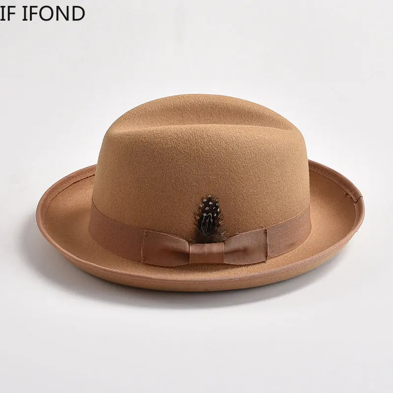 British Style Wool Felt Fedora Hats for Men Roll Up Brim Homburg Gentleman Church Jazz Hat Party Dress Cap 241202