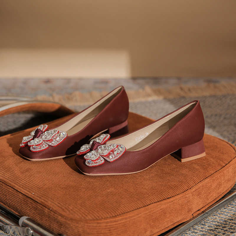 Fairy Bow Water Diamond Premium Comfortable and Versatile Square Head Thick Heel Womens Single Shoe