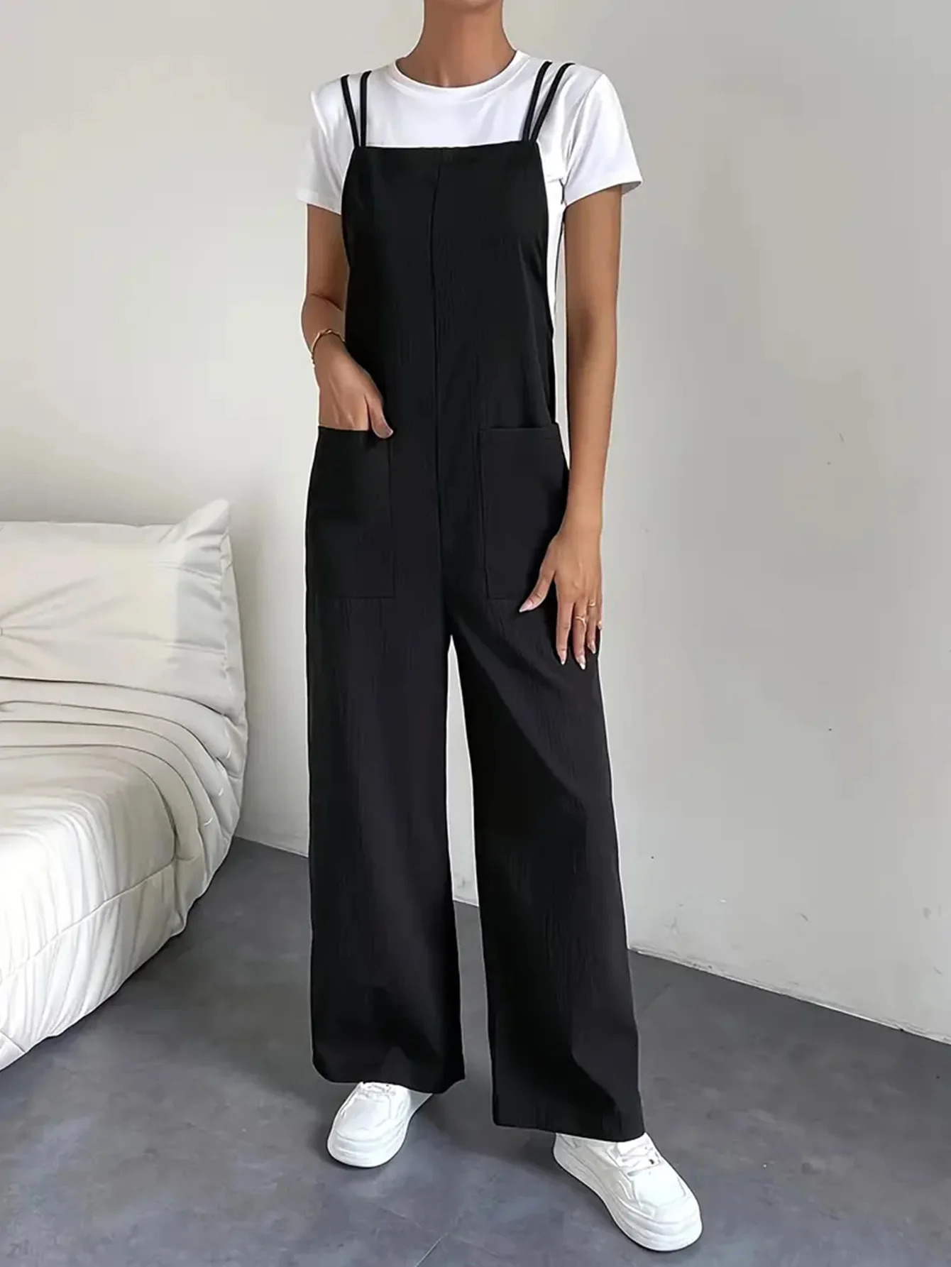 Fashion casual womens pure black jumpsuit pants with pockets shoulder straps thin straight leg workwear wide 241120