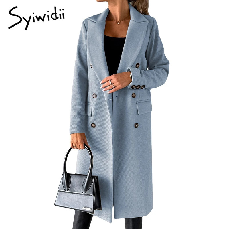 Syiwidii 2024 Autumn Winter Wool Coat Women Elegant Lapel Double Breasted Long Outerwear Casual Solid Slim Chic Lady Streetwear 241121