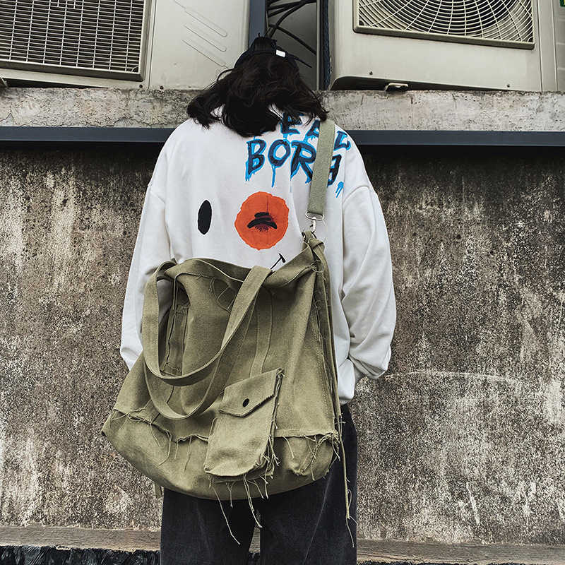 Canvas bag ins trendy brand damage wind high street functional workwear shoulder bag large capacity crossbody bag unisex 241202