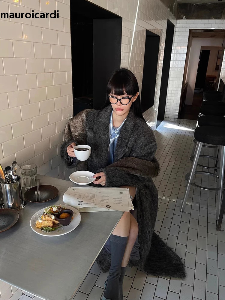 Mauroicardi Autumn Winter Oversized Long Warm Thick Gray Wool Blends Coat Women Loose Casual Fluffy Korean Fashion 2024 241121