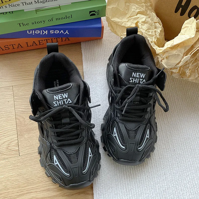 Free shipping all-black chunky sneakers with mesh panel detail thick non-slip sole cushioned insole comfortable trendy versatile casual streetwear sho