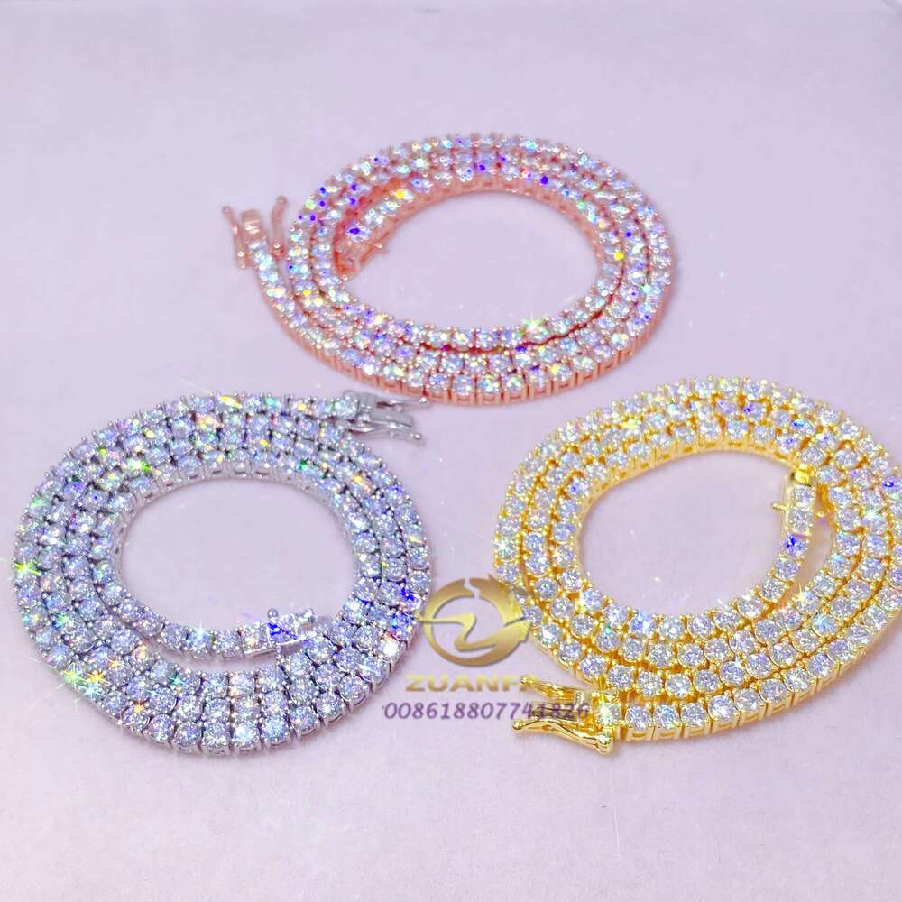 Pass Dia Test 2Mm--5Mm Wide Sier Gold Plated Moissanite Dia Tennis Necklace/Bracelet Chain