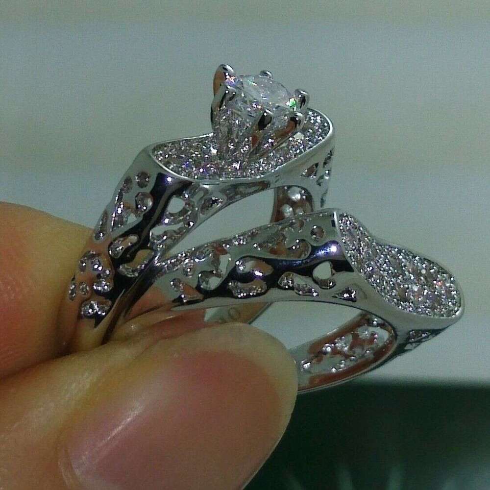 10kt Gold Filled White Topaz CZ Gemstone Bridal Wedding Ring Set (Size 6-10) dh910320090