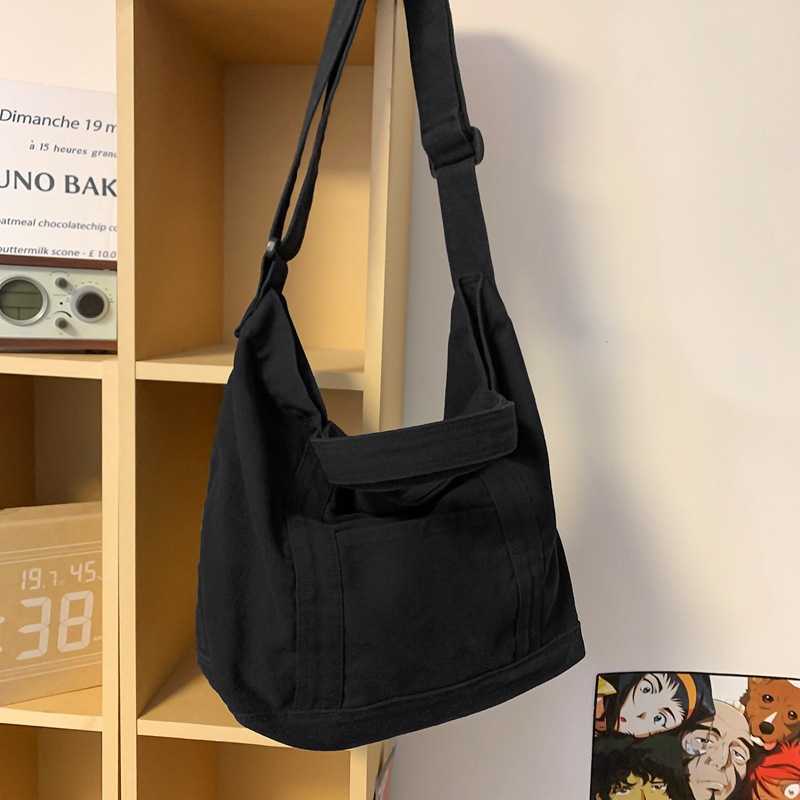 Large capacity canvas bag for women, Korean version, artistic style, simple and lazy style, versatile shoulder bag, student class bag, crossbody bag 2