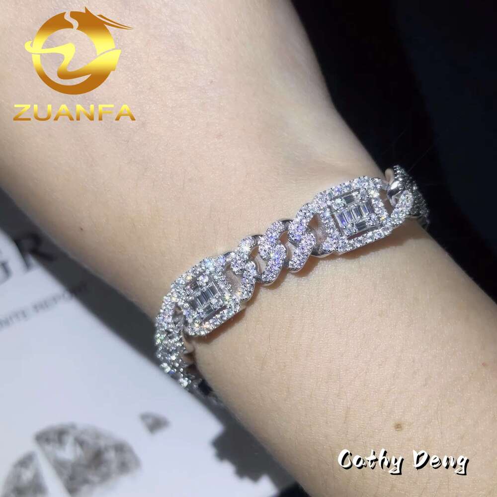 Zuanfa Jewelry Hip Hop Chain Gold Plated VVS Moissanite Baguette 12Mm Cuban K Bracelet Sier Men Bracelet