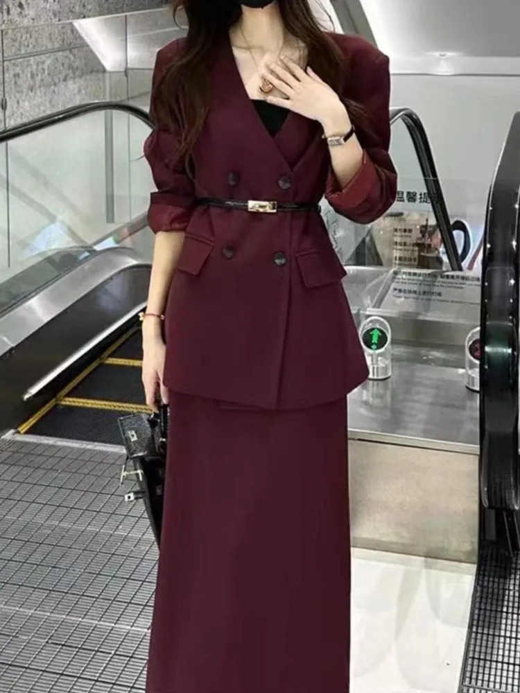 Korean Fashion Elegant Womens Jacket Casual Business Formal Set Midi Saya 2-piece Womens Set 241130