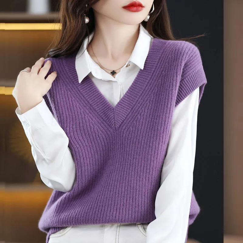 Knitted Jacket Sweater Womens Vest Sleeveless Coat Wool Blended VNeck Pullover Spring Autumn Fashion Top 241121