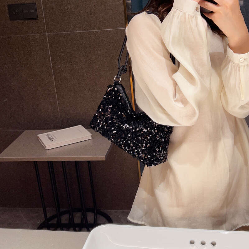 Summer New Style Texture Casual Western-Style Sequin Shoulder Personalized Ins Simple Crossbody Large Capacity Baguette Bag B1