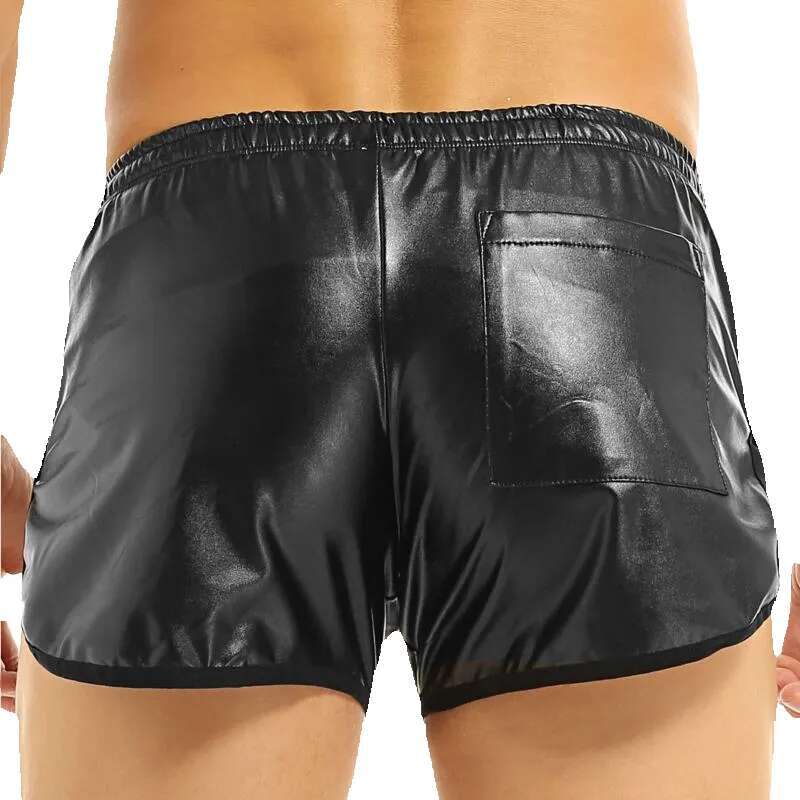 Mens Lingerie Wet Look Faux Leather Sport Hot Boxer Shorts Exotic Pants with a Back Pocket Gay Men Nightclub Pole Dance Shorts1