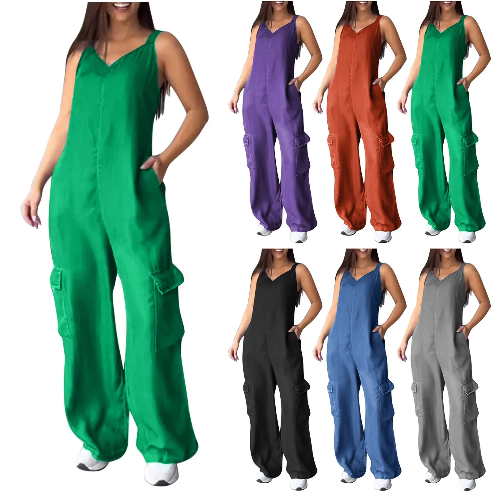 Women Casual Wide Leg Jumpsuits Loose Fit Sleeveless Jumpsuit With Pockets Fashion Sports Activity Streetwear Overalls 241120