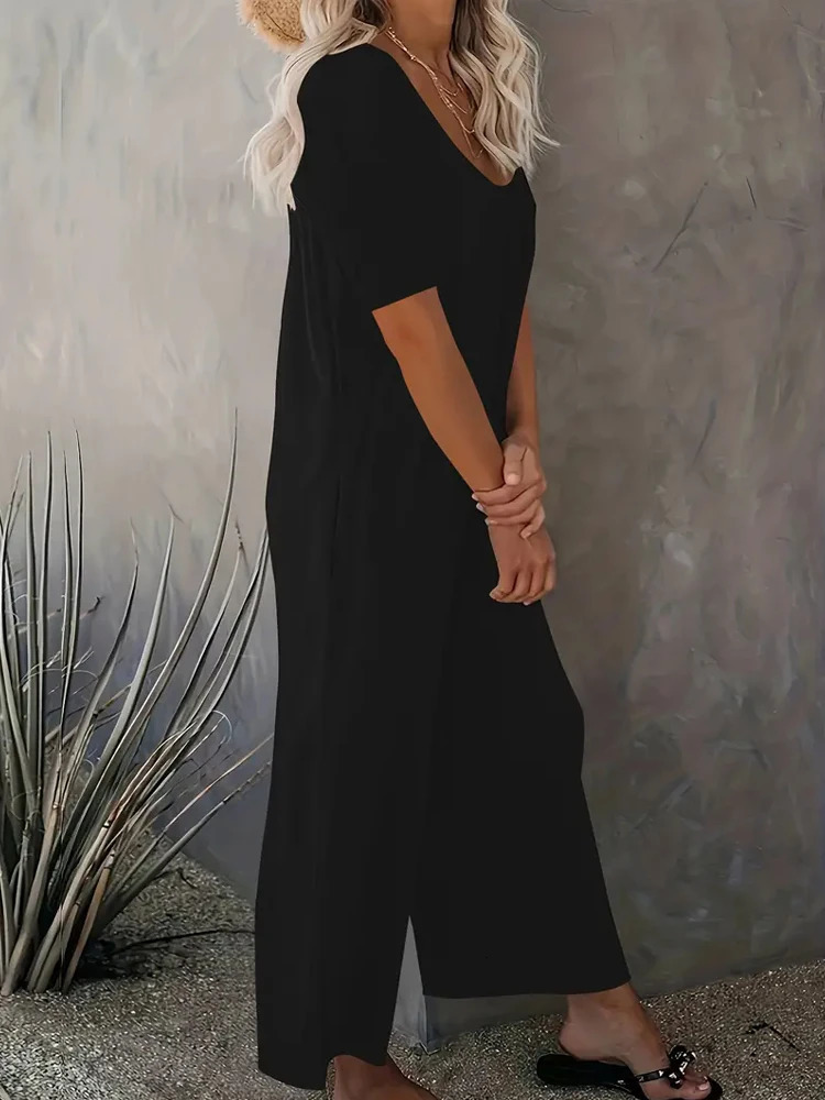 Summer Chic Solid Color Casual Jumpsuit Crew Neck Short Sleeve Wide Leg Long Pant with Pockets Versatile Outfit Womens Clothing 241120
