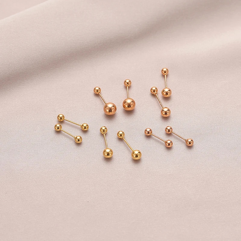 YUNLI Real Gold Screw Stud Earrings Solid AU750 Double Golden Balls Womens Exquisite Jewelry Gift EA010