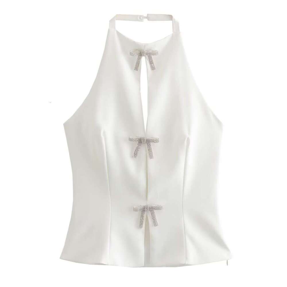 summer bow decoration hanging neck collar slim fit backless vest top for women B88687 2024 new casual versatile fashion clothing