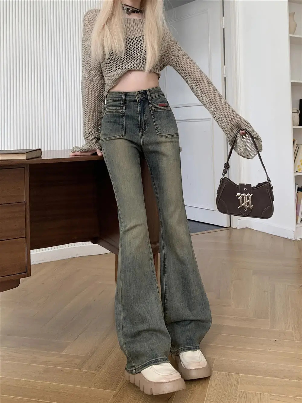 150 Petite girls wash made old micro flared jeans High waisted straight leg n version horseshoe pants xs show height 241121
