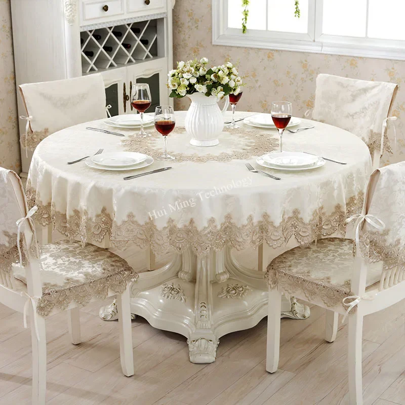 Table Cloth Round Table Cover Dining Tablecloth Brown Europe Fabric Circle Lace Jacquard Household Restaurant Home Decoration 26