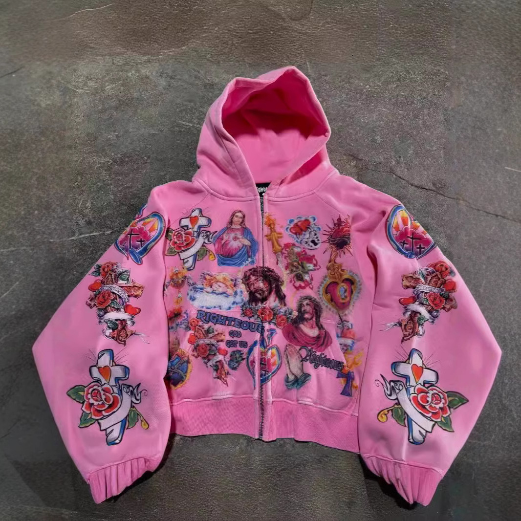 Y2K Harajuku Retro Oversized Zipper Hoodie Street American Style Cross Print Hoodie Trendy Casual All-match Sweatshirt Jacket