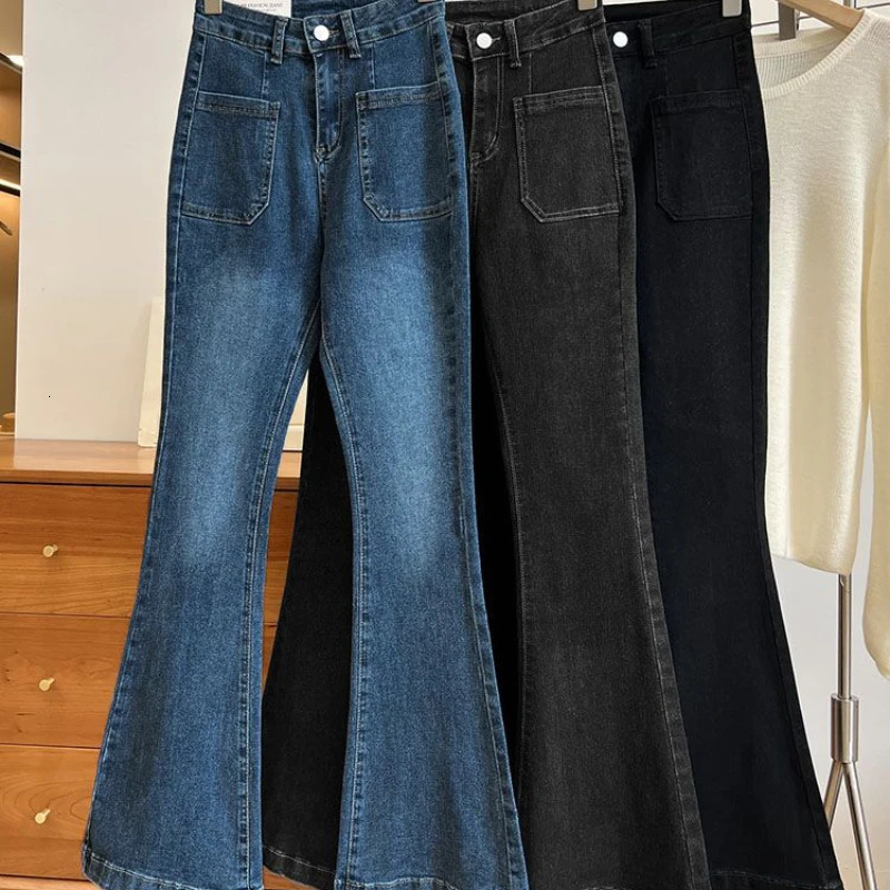 High Waist Trousers Loose Washed Jeans Pockets Slim Denim Flare Classic Women Vintage Stretch Straight Allmatch 241121