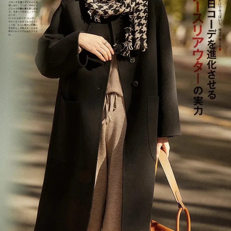 Large size womens wool coat medium and long 2024 autumn winter loose woolen 241121
