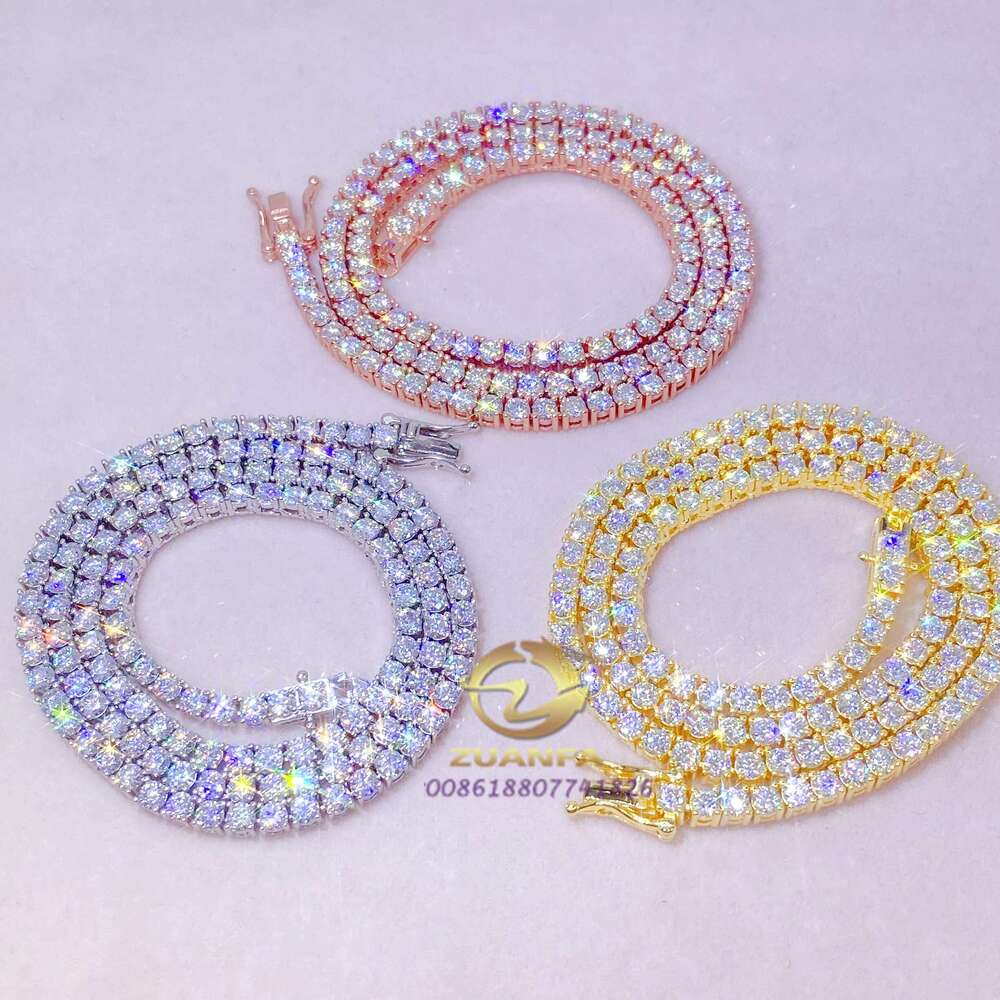 Pass Dia Test 2Mm--5Mm Wide Sier Gold Plated Moissanite Dia Tennis Necklace/Bracelet Chain