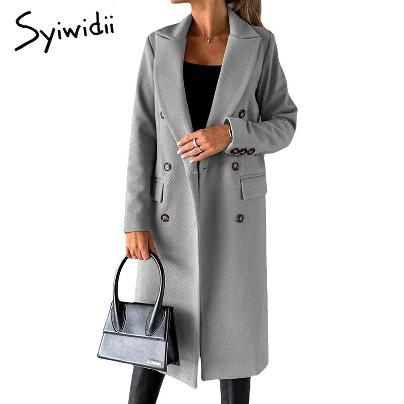 Syiwidii 2024 Autumn Winter Wool Coat Women Elegant Lapel Double Breasted Long Outerwear Casual Solid Slim Chic Lady Streetwear 241121