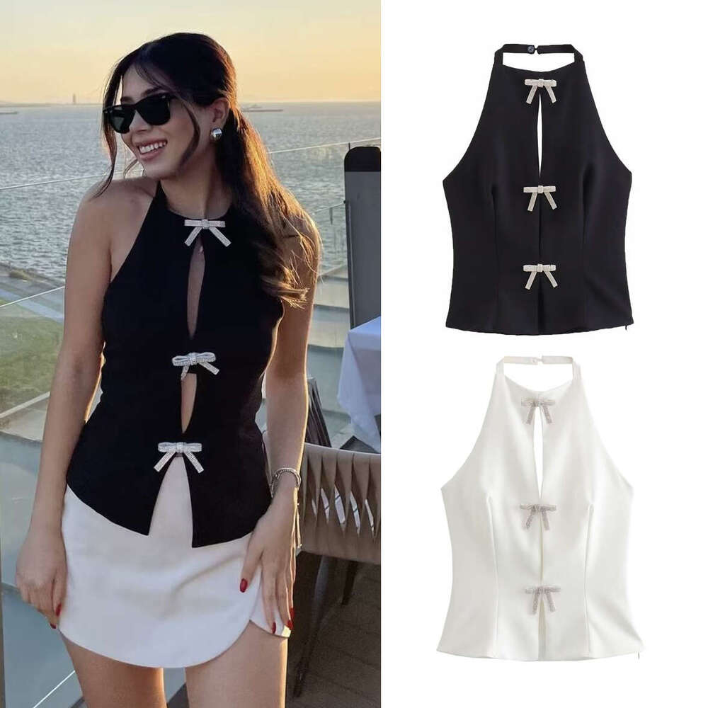 summer bow decoration hanging neck collar slim fit backless vest top for women B88687 2024 new casual versatile fashion clothing