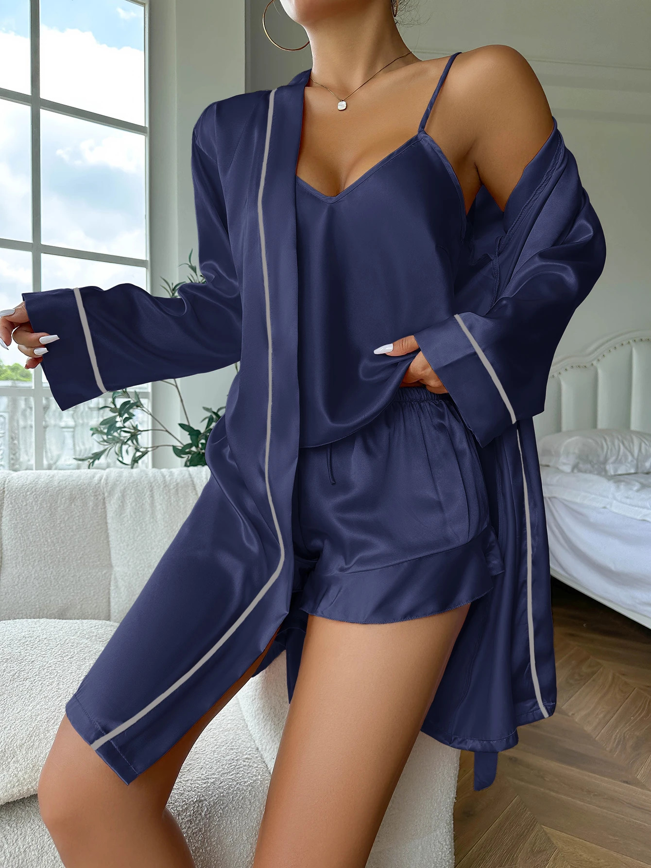 Simple satin pajama set long sleeved belt V-neck Cami top and shorts womens pajamas 241130