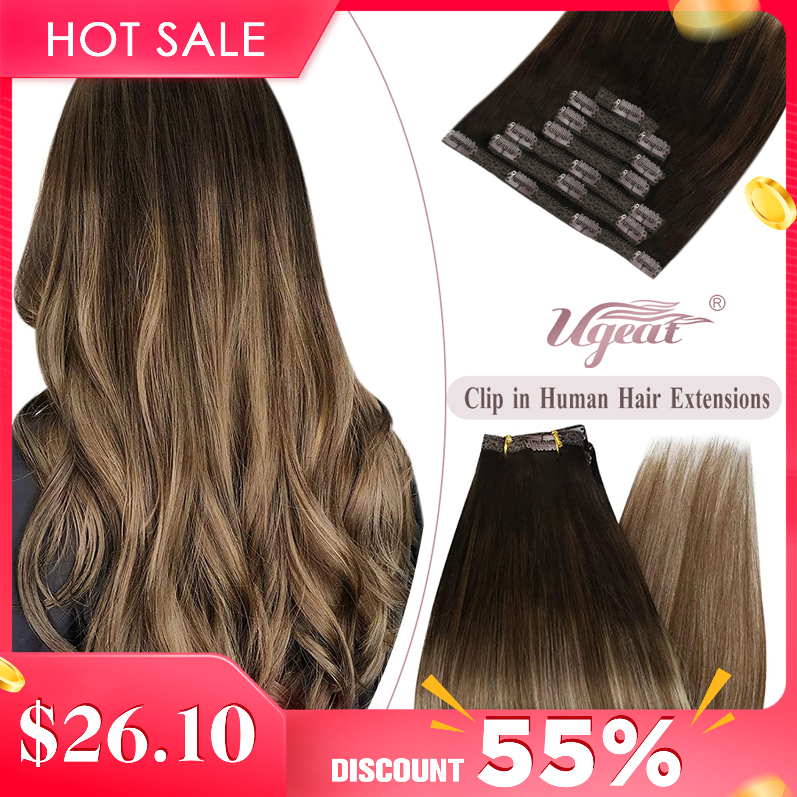 Ugeat Clip In Human Real Remy Highlight Blonde Color Full Head Balayage Bralizian Hair Extensions 7Pcs