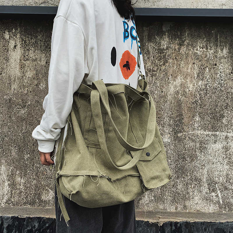 Canvas bag ins trendy brand damage wind high street functional workwear shoulder bag large capacity crossbody bag unisex 241202