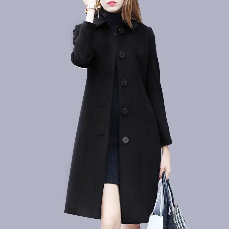 AutumnWinter Elegant Office Lady Thin Thick Woolen Coat Women Chic AllMatch Solid Straight MidLength Windbreaker With Pocket 241121