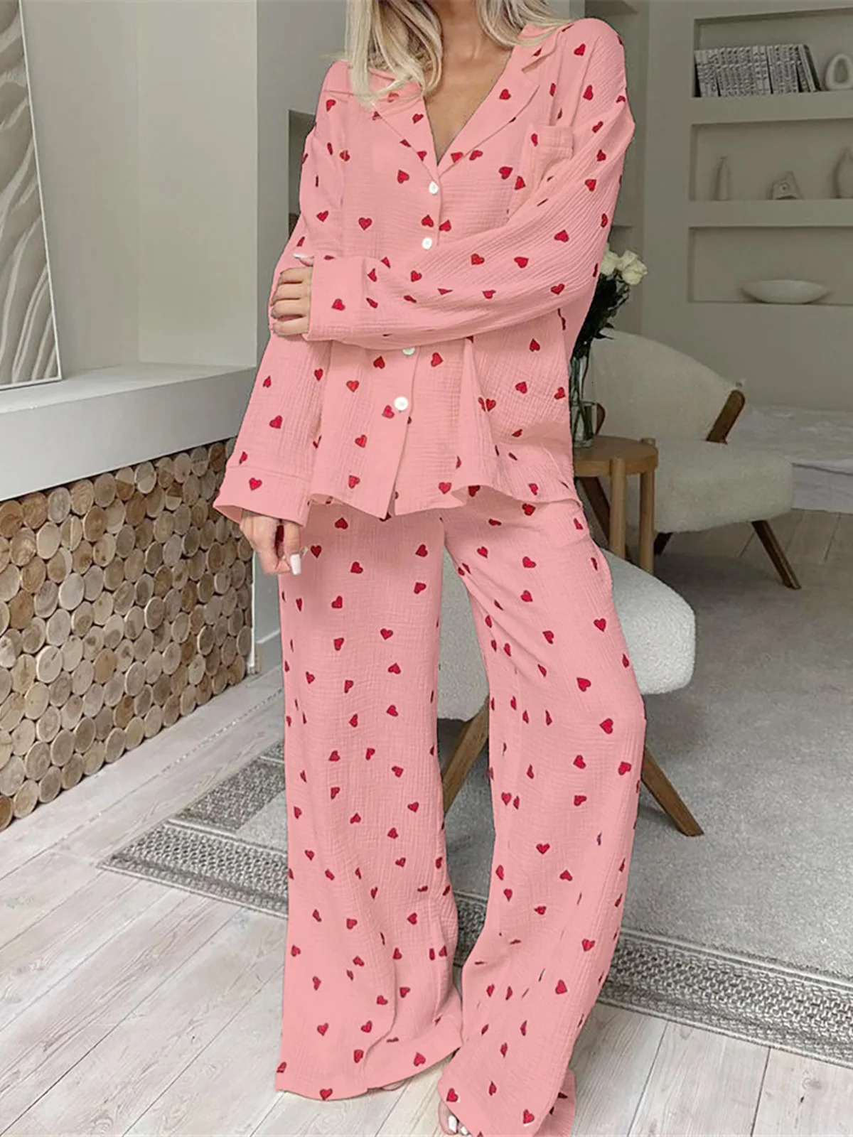 Love Print Womens Cotton Pajama Single Chest Pocket Womens Pajama Collar Long Sleeve Womens Clothing D323 241130