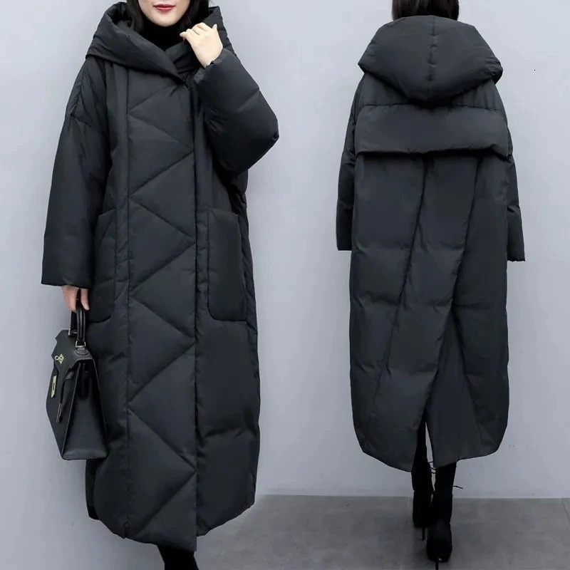 Winter Puffer Jacket Korean Loose Thick Warm Black Hooded Coat Women Down Cotton Parkas Women Long Overcoat Parka Outerwear 241202