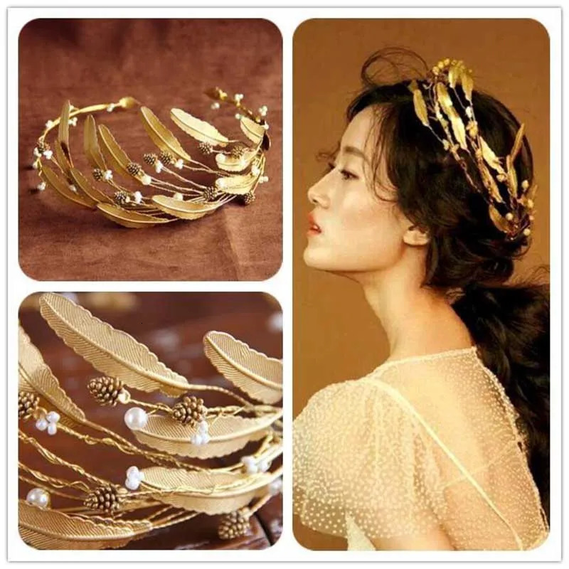 Vintage Crystal Pearl Headband Bride Tiara Headpiece Gold Color Leaf Hair Jewelry Bride Wedding Crowns Hair Accessories FORSEVEN 241202
