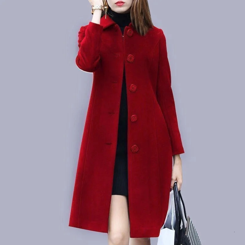 AutumnWinter Elegant Office Lady Thin Thick Woolen Coat Women Chic AllMatch Solid Straight MidLength Windbreaker With Pocket 241121