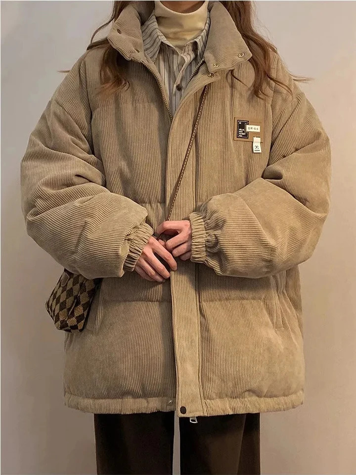 Retro Corduroy Parkas for Women Y2K Winter Streetwear Oversized Thick Warm Puffer Coats Bf Korean Loose Pockets Cotton Outerwear 241120