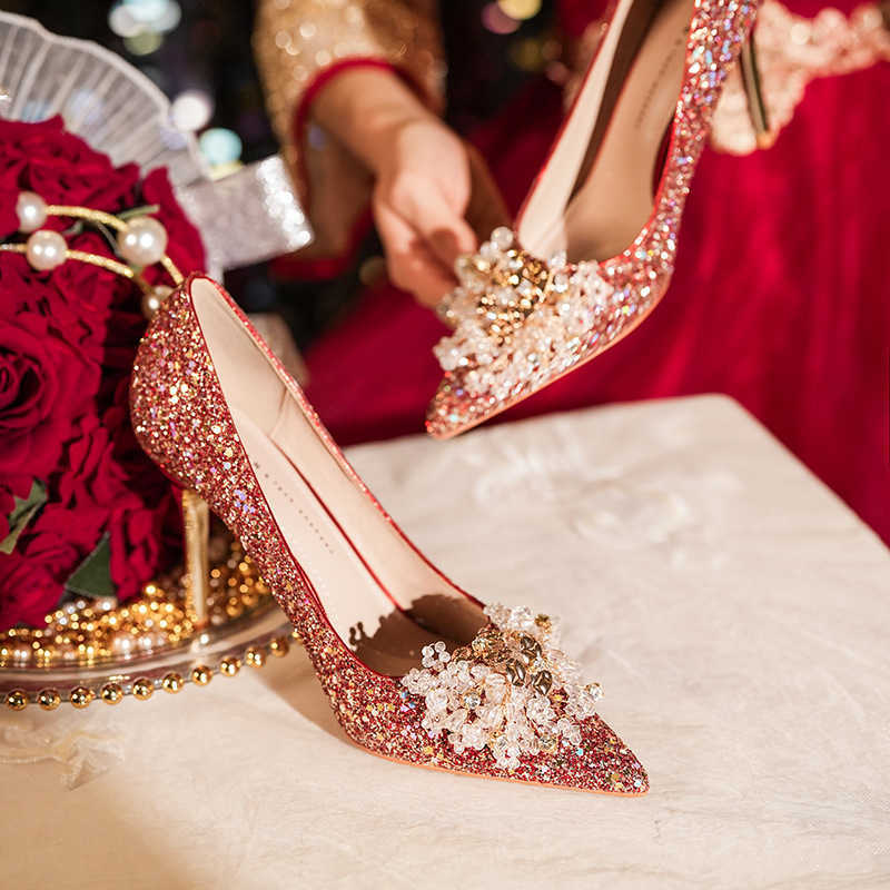 Fashion New Wedding Shoes Celebration Womens High Heels Pointed Red High Heels Banquet Shining Details
