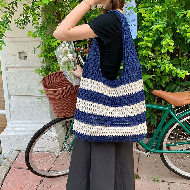Ladies' Woven With Niche Design, Striped Knitted Bag, Simple Hollow Out Hand-Held Shoulder Bag B2