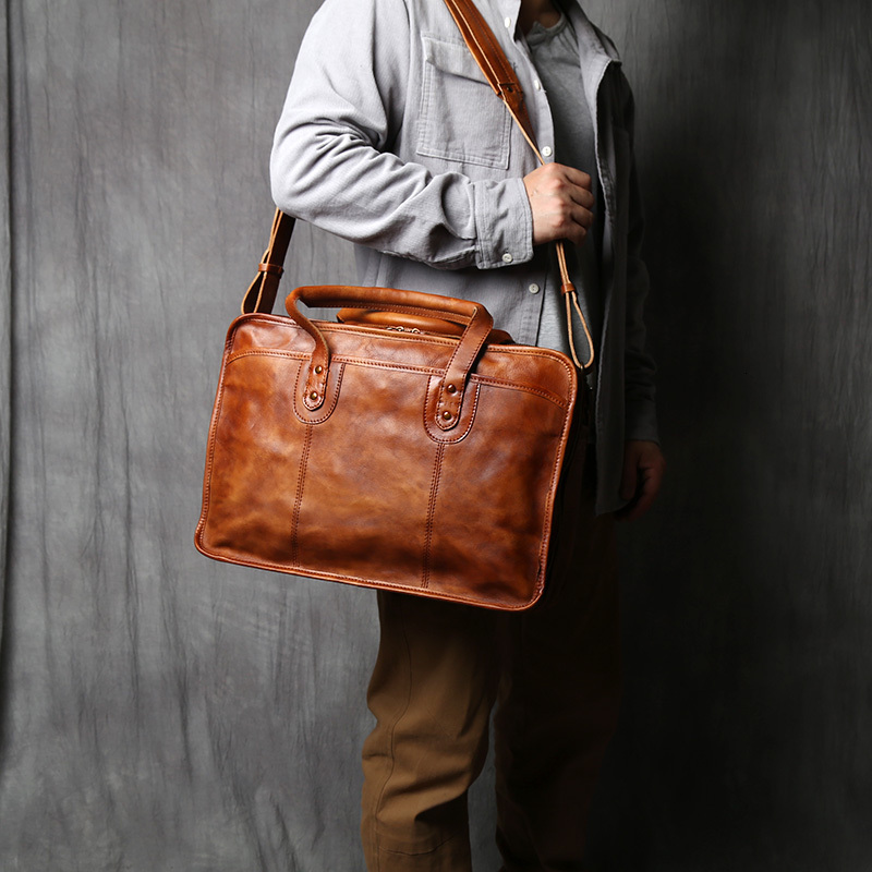 NZPJ Retro Men's Briefcase Top Layer Cowhide Handbag Travel Handmade Leather Laptop Business Shoulder Crossbody Bag