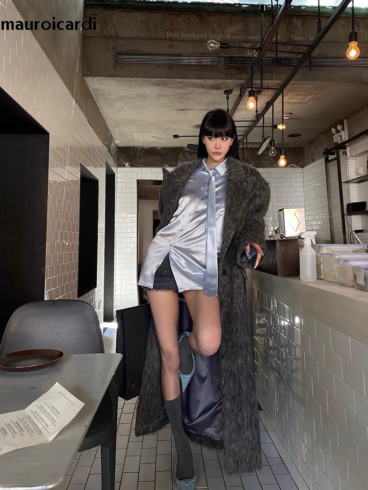 Mauroicardi Autumn Winter Oversized Long Warm Thick Gray Wool Blends Coat Women Loose Casual Fluffy Korean Fashion 2024 241121