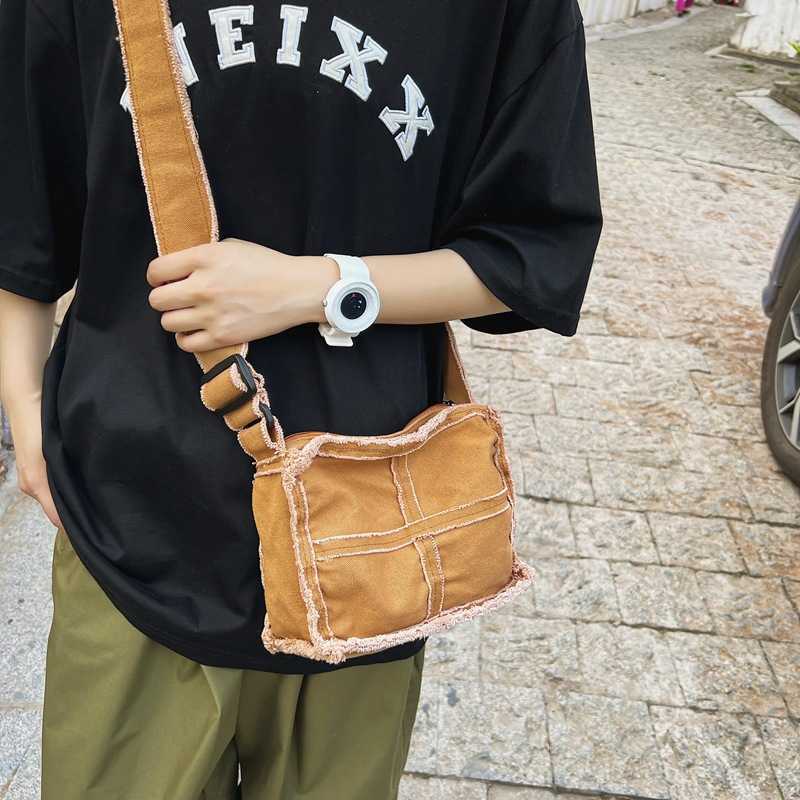Canvas bag new ins frayed lazy style shoulder bag crossbody bag women's bag simple 241202